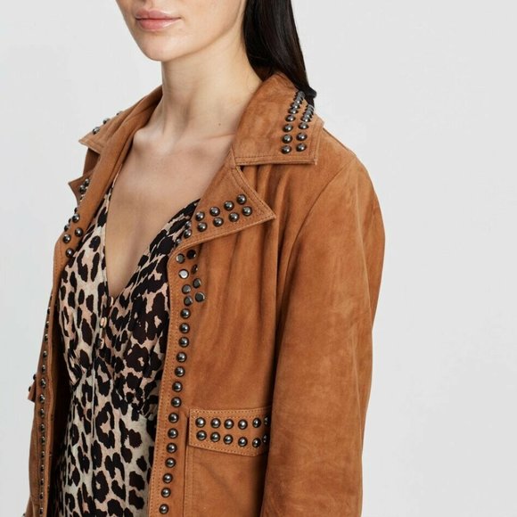 MINISTRY OF STYLE Grain Leather Suede Tan Jett Studded Jacket RRP$689 - Picture 3 of 12
